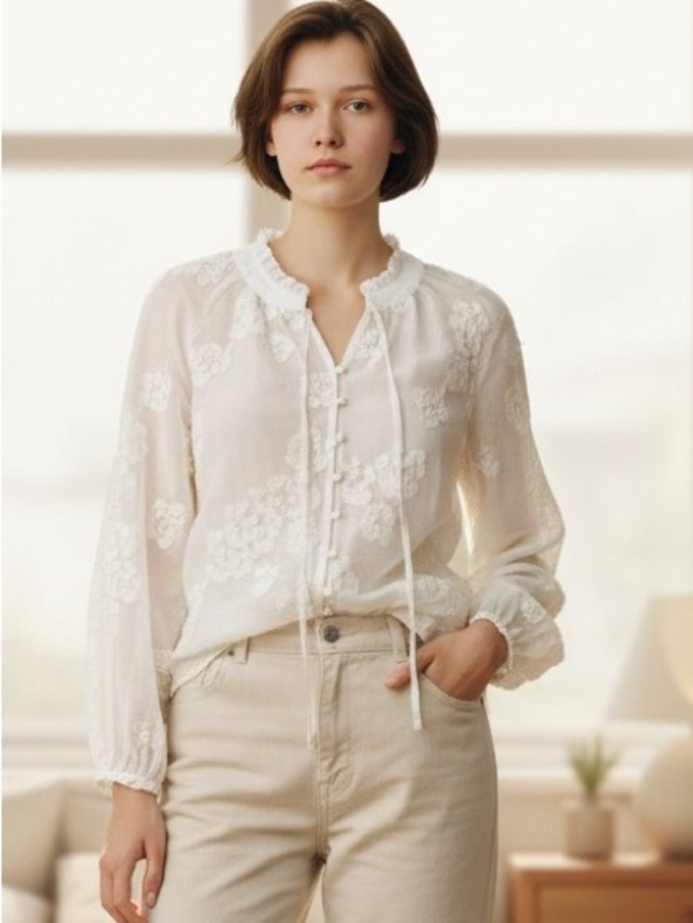 Ivory 3D Embroidered Semi Sheer Relaxed Fit Blouse Size Med NWOT